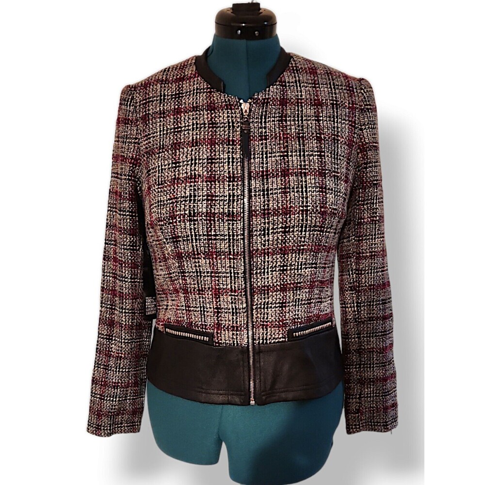 VEX Collection Women’s Blazer Size 36 Tweed Jacket Zipper Pockets Vegan Leather